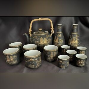 Kutani China 13 pc Porcelain Tea Set Gold Inlaid Matte Black Enamel Japan